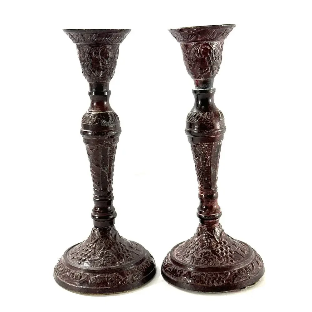 Pair Ornate Metal Candlestick Holders 6.8” Antiqued Burgundy Victorian Style
